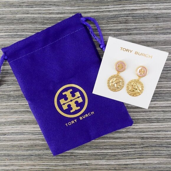 Tory Burch Mother of Pearl Logo Coin Medallion Drop Earrings Pink/Tory Gold OS - Picture 7 of 12